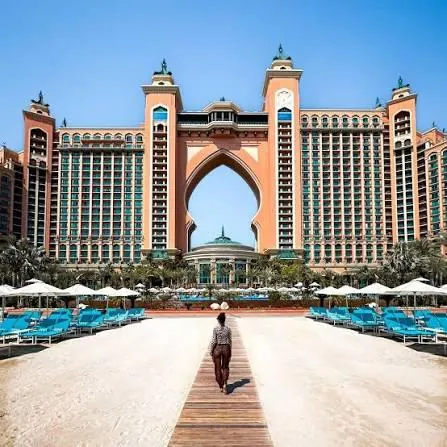 A resort on the Palm Jumeirah at dusk, Dubai